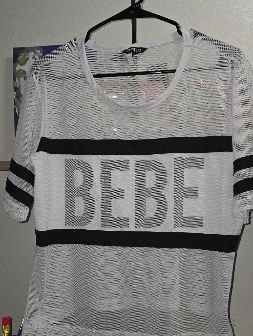 bebe White Mesh Tee with Black Stripes and Logo